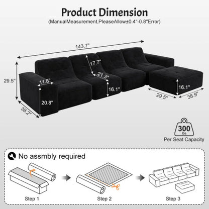 U-Shaped Sectional Sofa, Convertible Modular Couch with Double Chaise, 4-Seater Living Room Furniture, Black