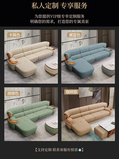 New Chinese ebony leather sofa high-end villa living room leather art home simple solid wood cowhide corner combination