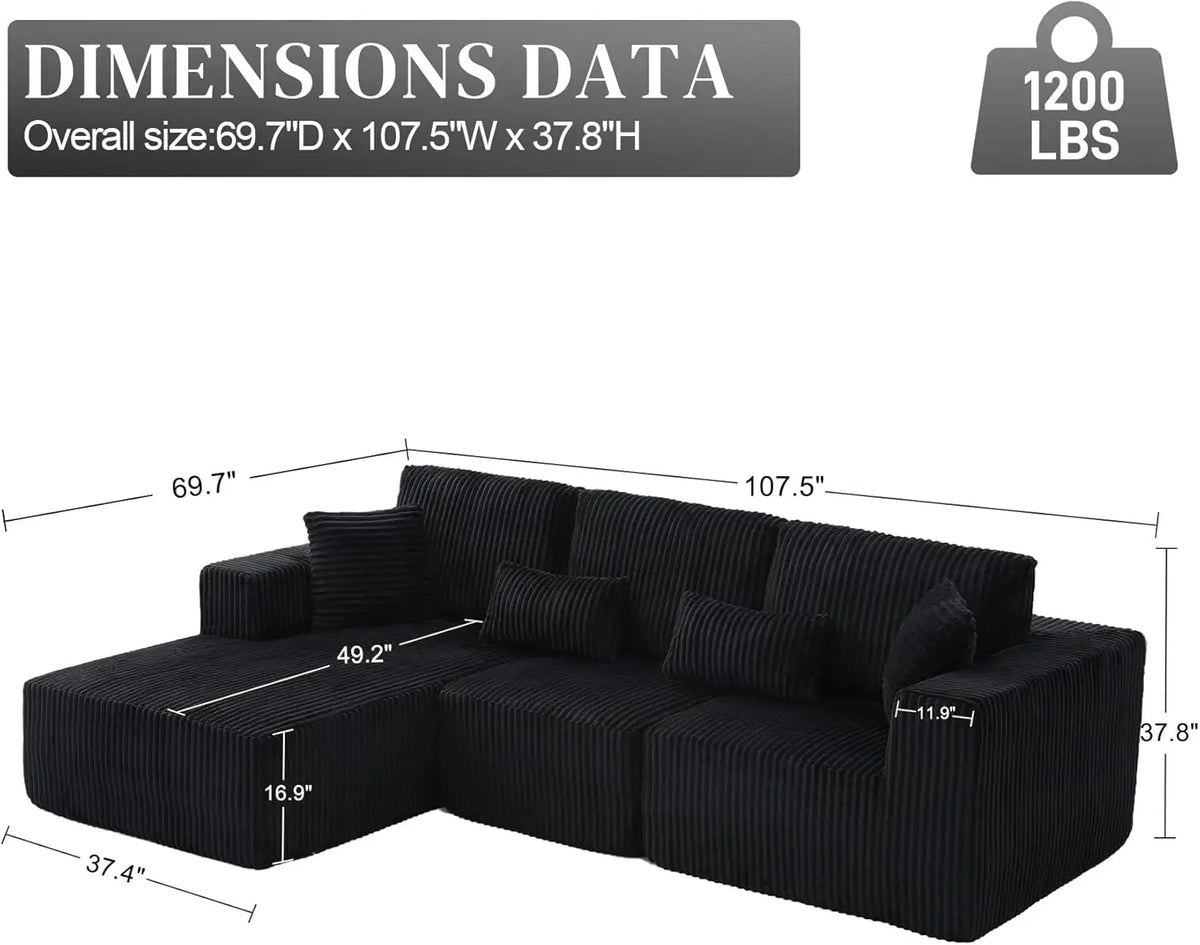 Modular Sectional Sofa, 107' L-Shaped Dark Black Couch with Deep Seat Memory Foam, Plush Corduroy, Left-Facing Chaise