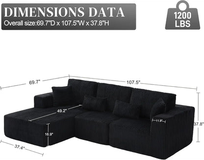 Modular Sectional Sofa, 107' L-Shaped Dark Black Couch with Deep Seat Memory Foam, Plush Corduroy, Left-Facing Chaise