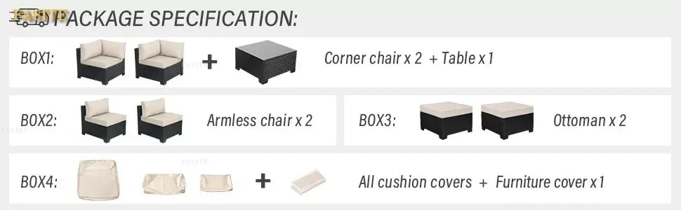 7 Pieces Outdoor PE Wicker Furniture Set Patio Rattan Sectional Conversation Sofa Set With Khaki Cushions And Glass Top Table