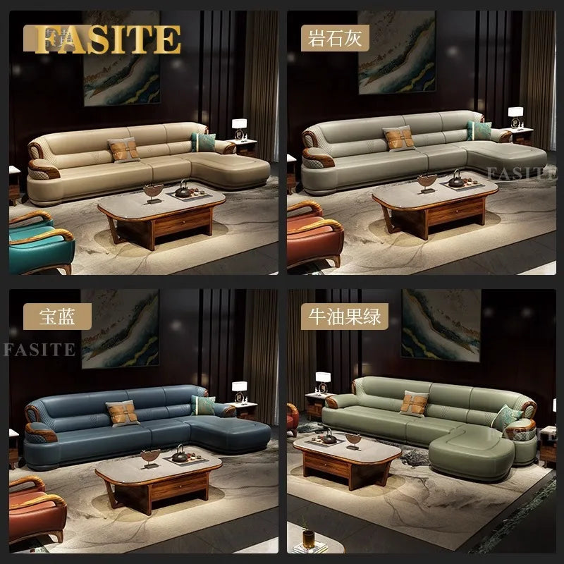 New Chinese leather sofa first layer cowhide ebony wood Italian light luxury sofa living room combination U solid wood furniture