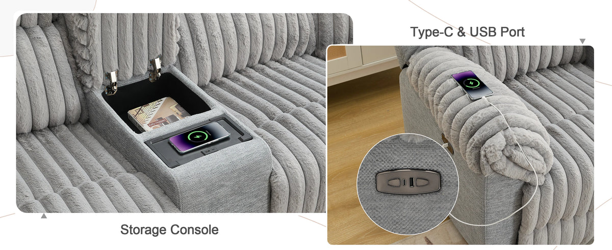 Power Reclining L-Shaped Fuzzy Rabbit Plush 5-Seater Sectional Sofa Set with Wireless Charger, USB Type-C Port & Storage Console