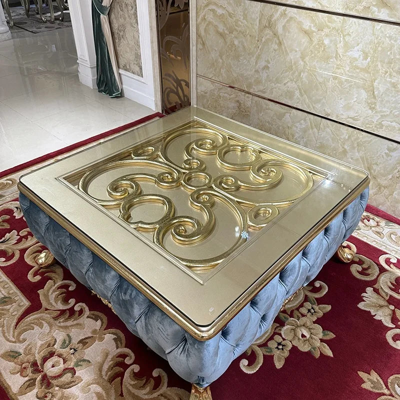 French solid wood square table European luxury square large coffee table tempered glass