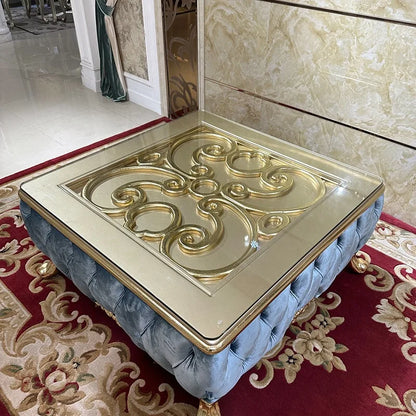French solid wood square table European luxury square large coffee table tempered glass