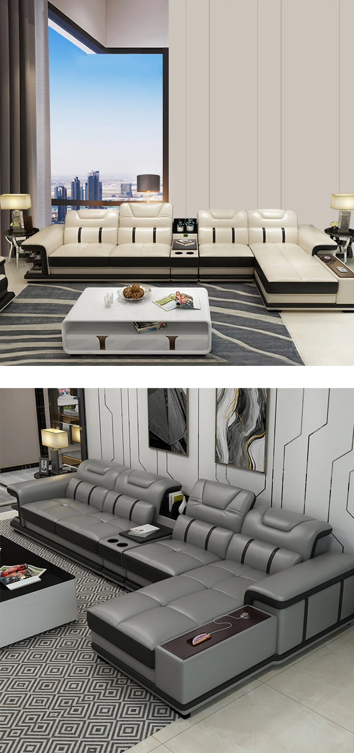 2023 Cheap Living Room Furniture Sofa Partition L-shaped Leather Sofa Set with Custom Material Function Table