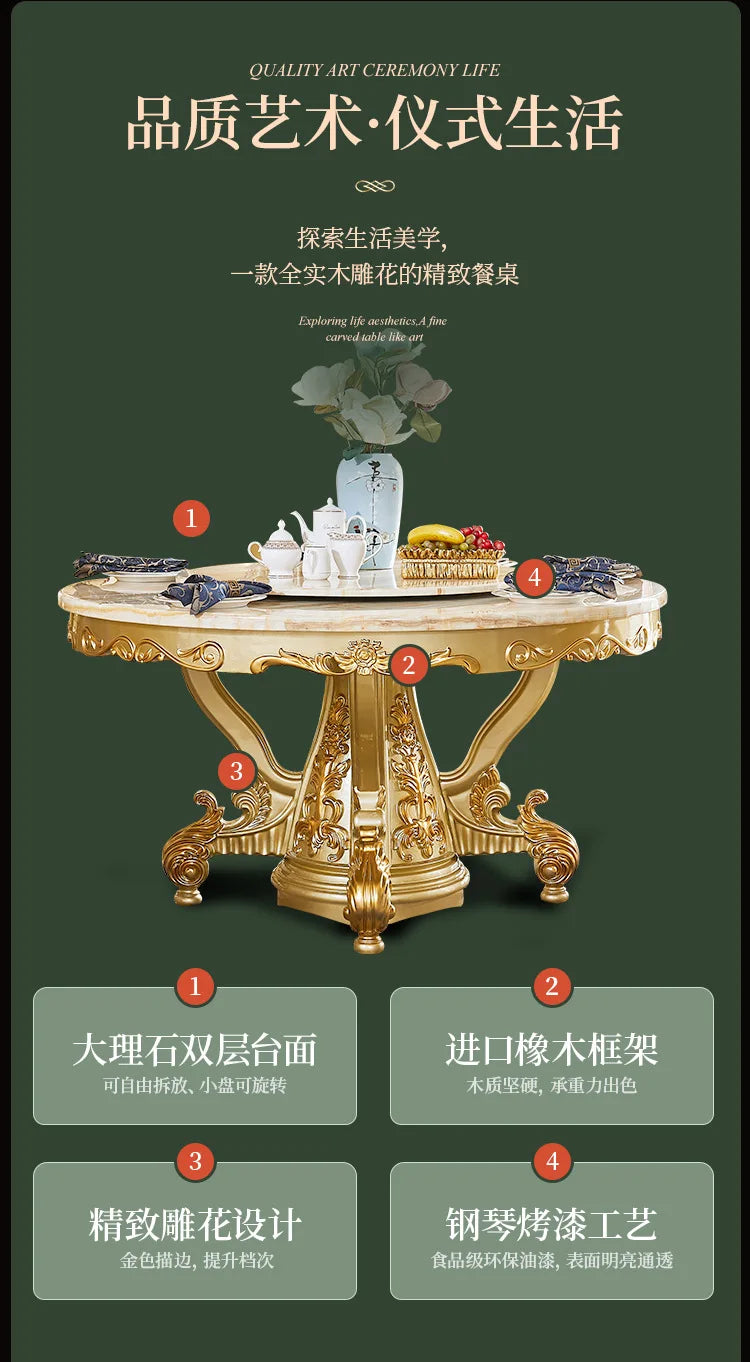 A07 European dining table and chair combination glass surface classical luxury solid wood carving flower round table with turnta