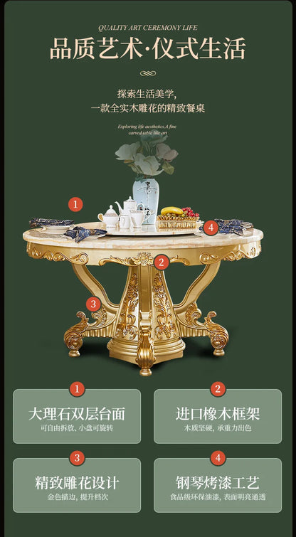 A07 European dining table and chair combination glass surface classical luxury solid wood carving flower round table with turnta