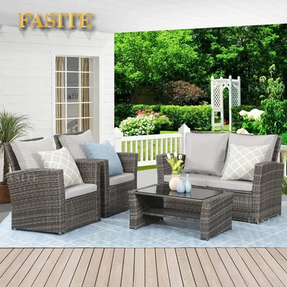 Wicker Conversation Set for Porch Deck Camping Gray Rattan Sofa Chair With Cushion  Camping Table Patio Furniture Outdoor Set