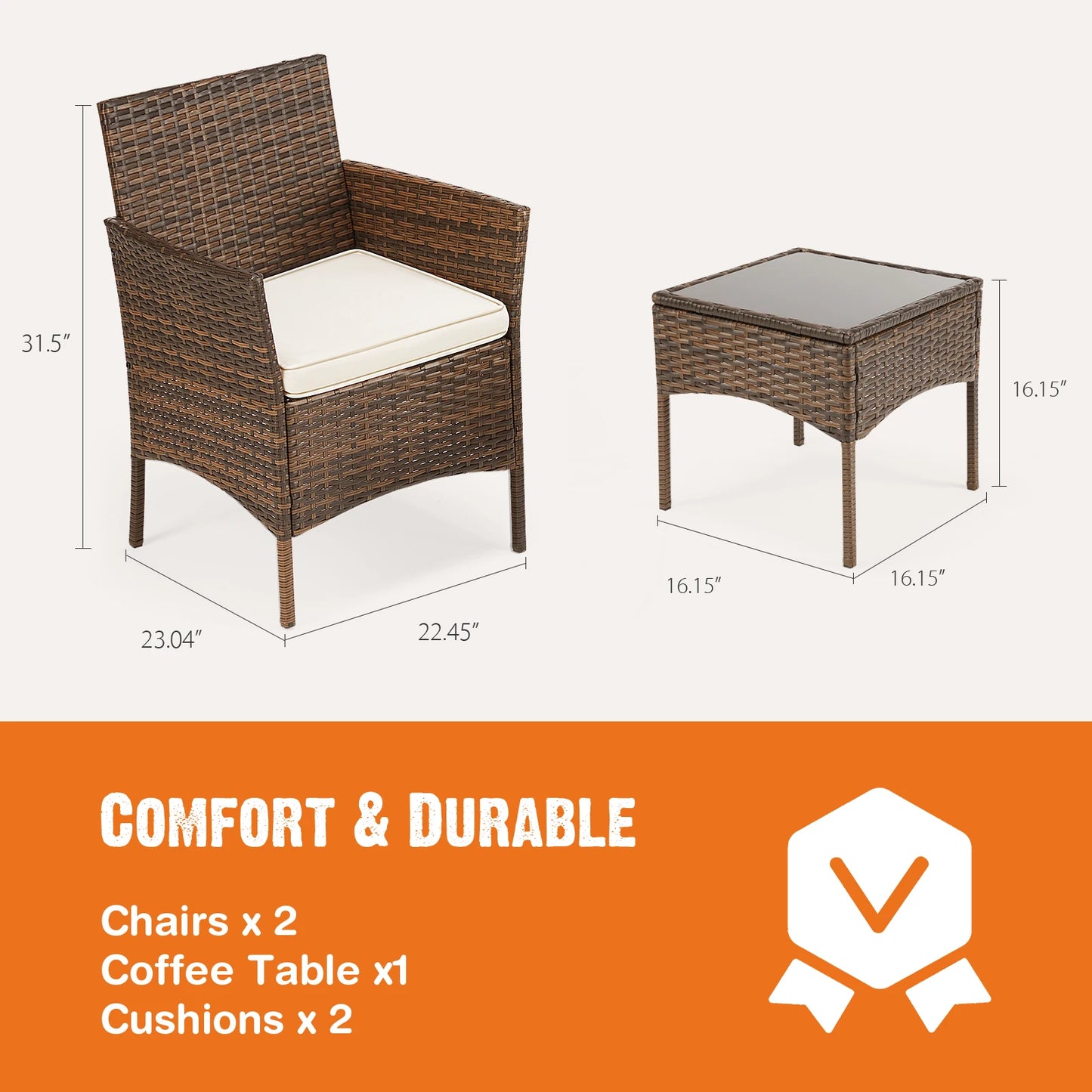 Best-Selling Outdoor Patio Furniture Set 3 Pieces with Soft Cushion and Glass Table Manual Weaving Wicker Rattan Patio Chairs