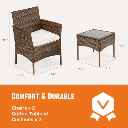 Best-Selling Outdoor Patio Furniture Set 3 Pieces with Soft Cushion and Glass Table Manual Weaving Wicker Rattan Patio Chairs