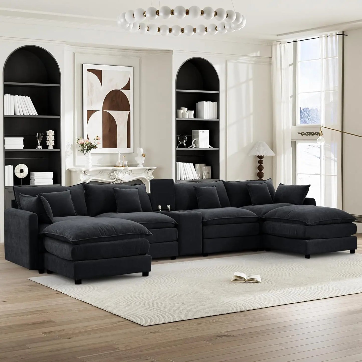 145" U Shaped Sectional Sofa Couches for Living Room, Oversized Cloud Sectional Couch Big 6 Seater Sectionals Sofa Set with USB