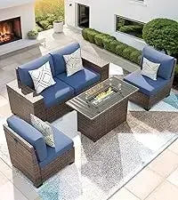 QAZ8-7 Piece Patio Furniture Set Fire Pit Table. Outdoor Conversation Sets Wicker Rattan Sectional Sofa with Coffee TSZ