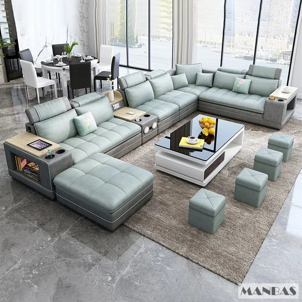 MANBAS Modern U-Shaped Fabric Sectional Sofa Set with Storage, Cup Holders, Speaker, USB, Bookshelf and Stools for Living Room