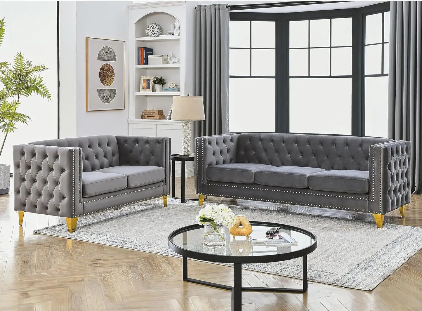 [Best Seller!]Velvet Living Room Sofa Set of 2, Comfy Loveseat and 3 Seater Couch, Modern Sofa with Tufted Back and Rivet Decora
