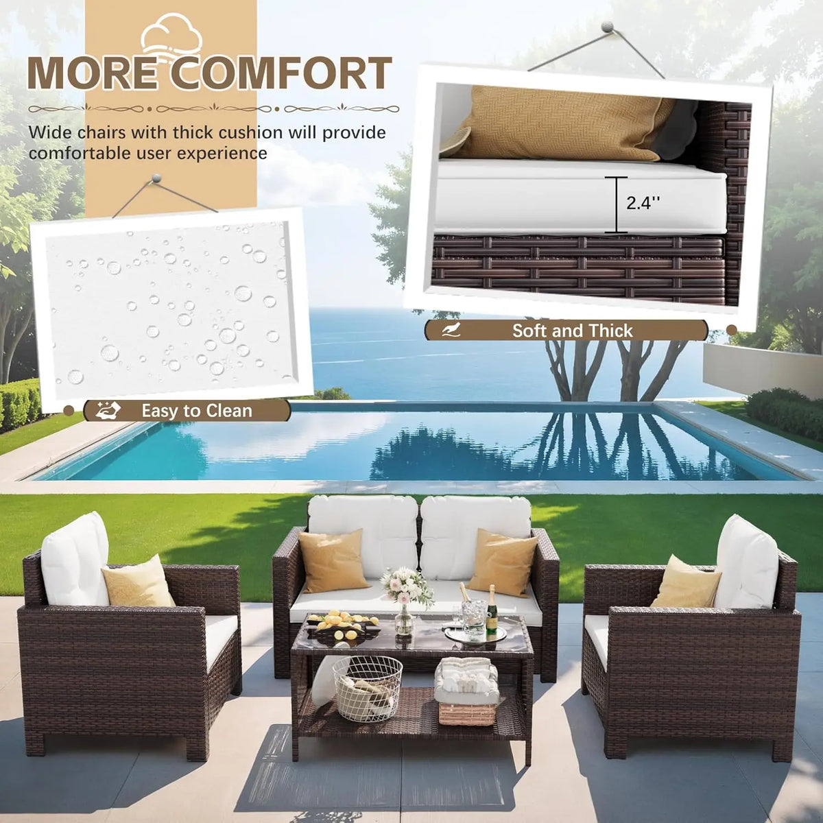 4-Piece Rattan Patio Furniture Set with Cushions and Glass Table for Outdoor Indoor Use