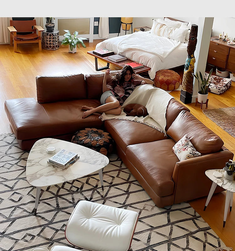leather sofa, antique milk brown first layer cowhide L-shaped concubine seat in the living room, American retro leather sofa