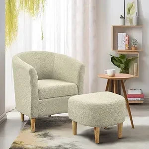 Leather Chair, Accent Chair Mid Century Modern with Ottoman Faux Barrel Comfy Armchair Upholstered Club Tub Round Arms for Livin