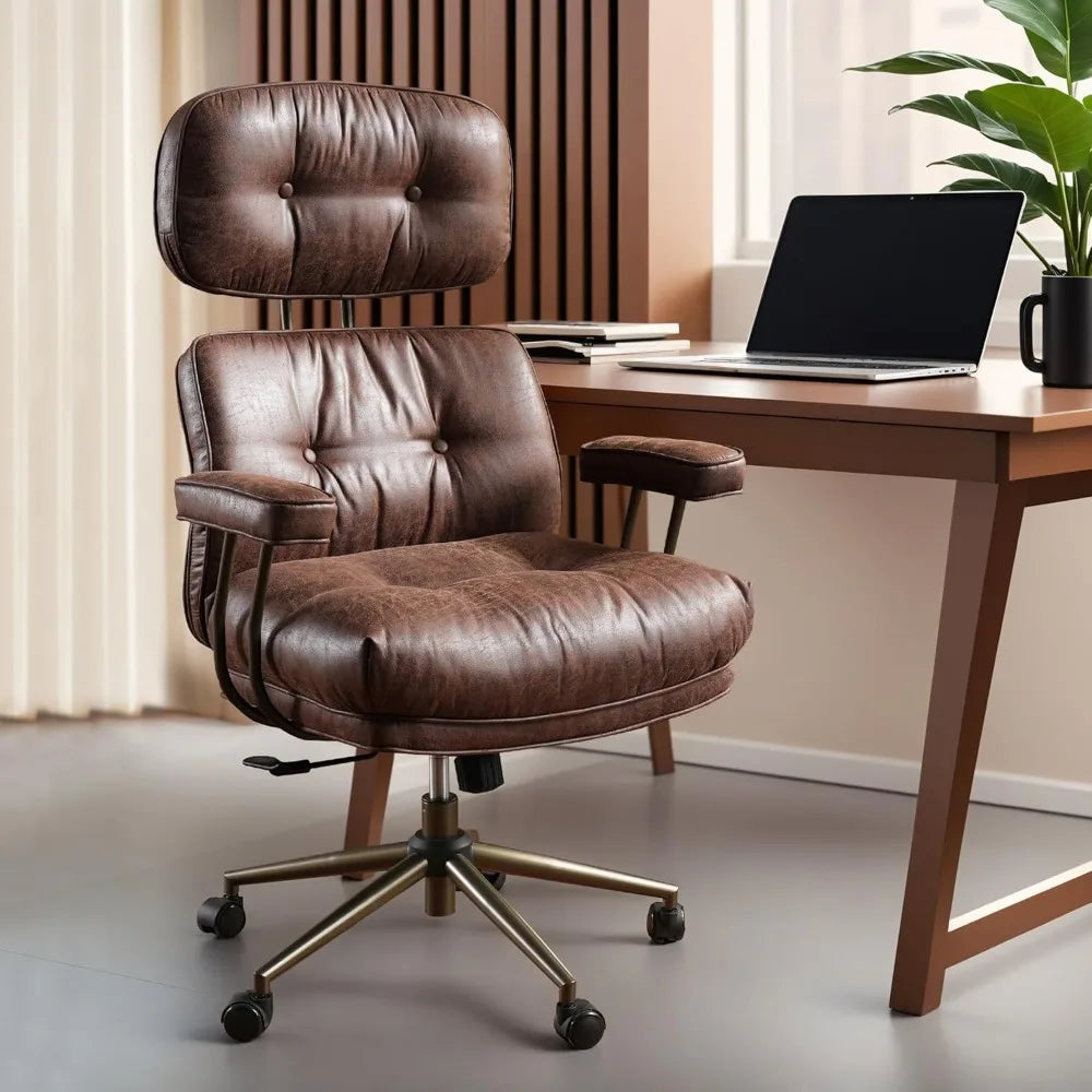 Ergonomic Home Office Chair, Mid-Century Modern Faux Leather Chairs with Thickened Cushions, Comfy High Back Swivel Rolling