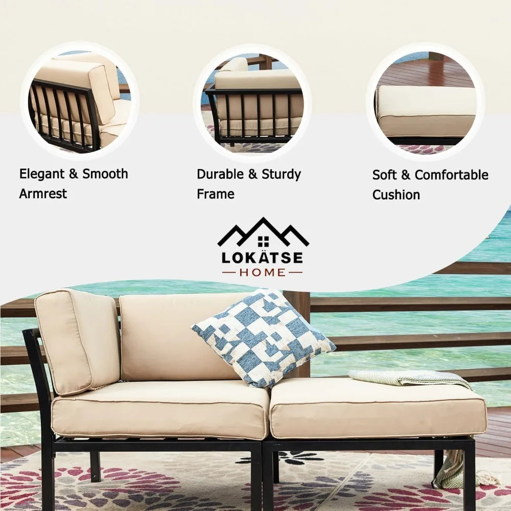 2 Piece Patio Furniture Set Sectional Balcony Corner Outdoor Loveseat Couch Armchiar Sofa with Ottoman Metal Steel Frame, Khaki