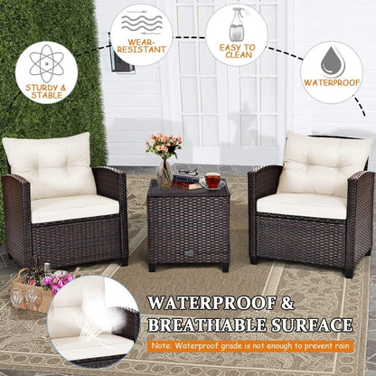 HAPPYGRILL 3 Pieces Patio Conversation Set, Outdoor Furniture Set PE Rattan Sofa Set with Removable Cushions, PE Wicker Chairs w