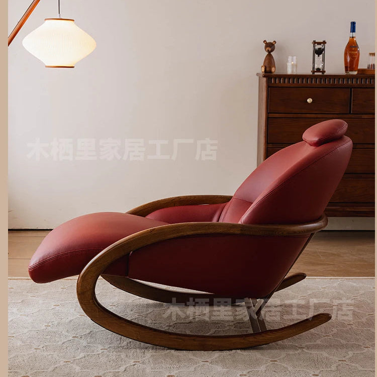 Lazy sofa pewter solid wood leather high-end lazy sofa reclining and sleeping rocking chair