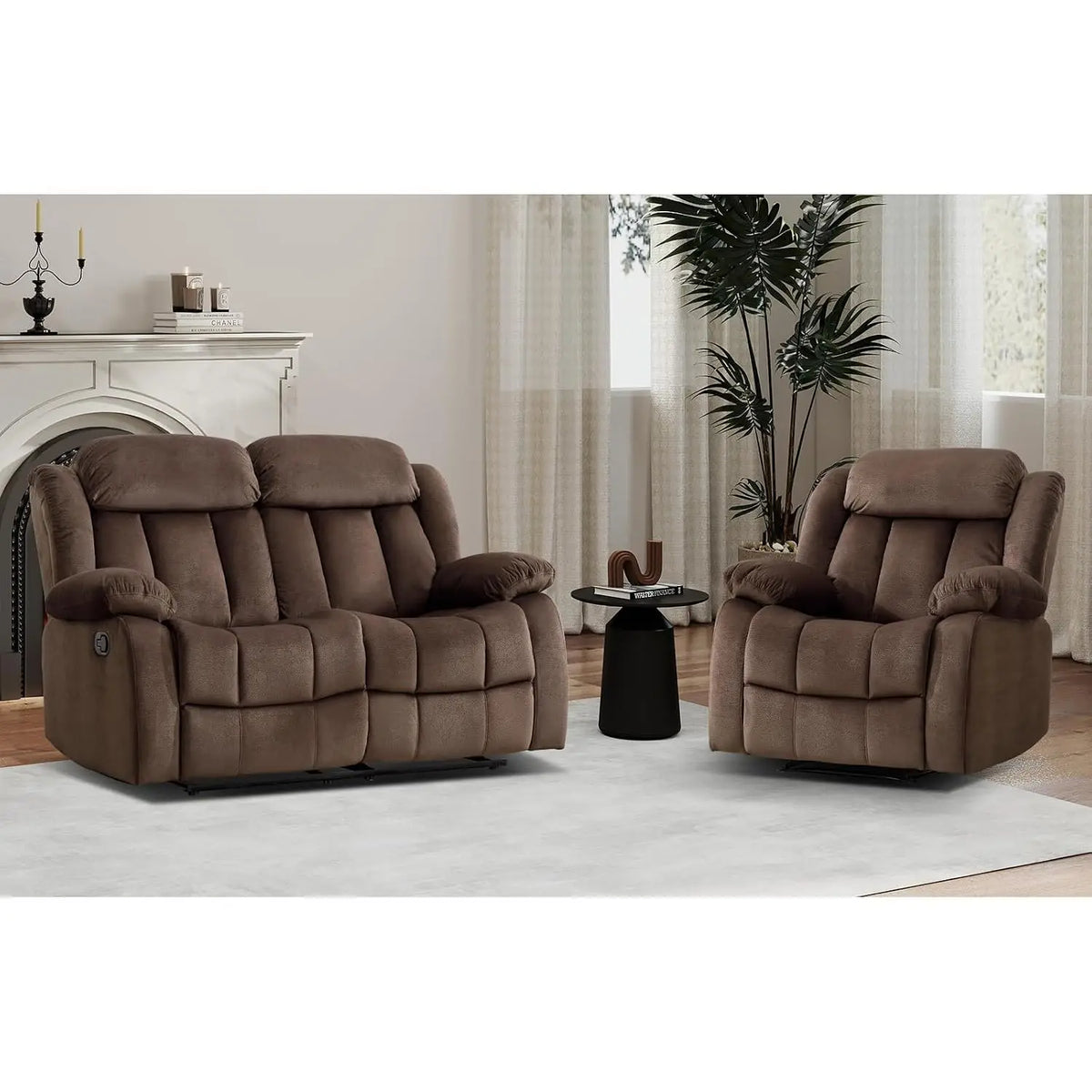 Manual Reclining Sofa Set with Overstuffed Arms & Backrest, Include 1 Recliner Chair & 1 Loveseat, Brown, Customized