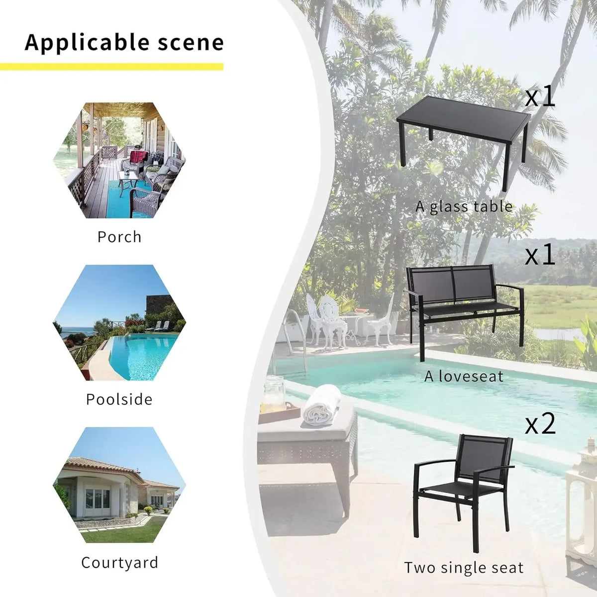 Curated Design 4 Pieces Patio Furniture Set All Weather Textile Fabric Outdoor Conversation Set, with Glass Coffee Table, Lov