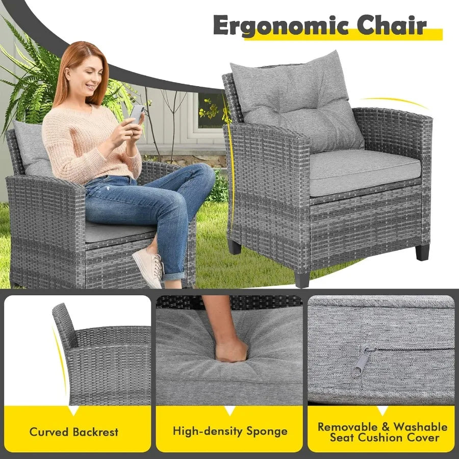 3Piece Outdoor Patio Furniture Set with Wicker Rattan Sofa and Cushions Tempered Glass Coffee Table Ideal for Poolside Backyard