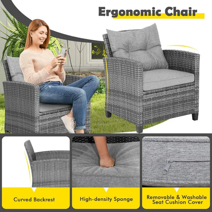 3Piece Outdoor Patio Furniture Set with Wicker Rattan Sofa and Cushions Tempered Glass Coffee Table Ideal for Poolside Backyard