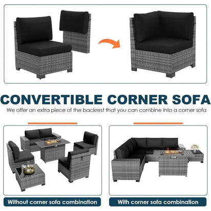 7 Piece Patio Furniture Set with Fire Pit Table, Outdoor Sectional Conversation Sets Wicker Rattan Sectional Sofa with Coffee Ta