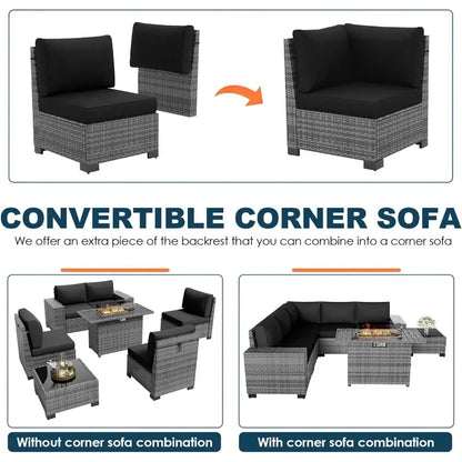 7 Piece Patio Furniture Set with Fire Pit Table, Outdoor Sectional Conversation Sets Wicker Rattan Sectional Sofa