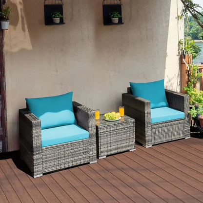 3-Piece Outdoor Patio Furniture Set with PE Rattan, Washable Cushions, and Tempered Glass Top, Ideal for Garden, Poolside, or Ba