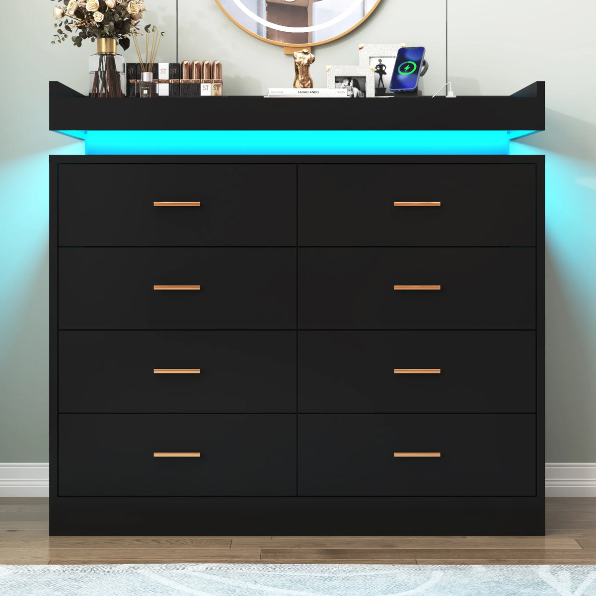 8 Drawer Dresser with LED Light, Modern Chest of Drawers for Closet, 47