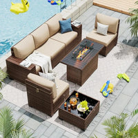 7 PCS Outdoor Sectional Conversation Set with 44" Propane Gas Firepit Table and Widen Wicker Armrests for Patio Furniture