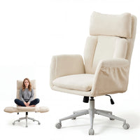 TCGBKAF Beige Big&Tall Office Chair with Flip Armrests Cross Legged Office Chair with Wheels Soft Chenille Executive Chair with Adjustable Lumbar Support Ergonomic Computer Desk Chair