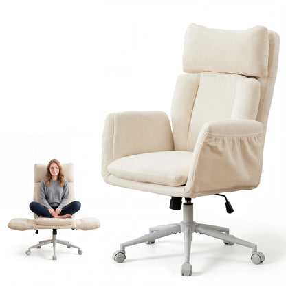 TCGBKAF Beige Big&Tall Office Chair with Flip Armrests Cross Legged Office Chair with Wheels Soft Chenille Executive Chair with Adjustable Lumbar Support Ergonomic Computer Desk Chair