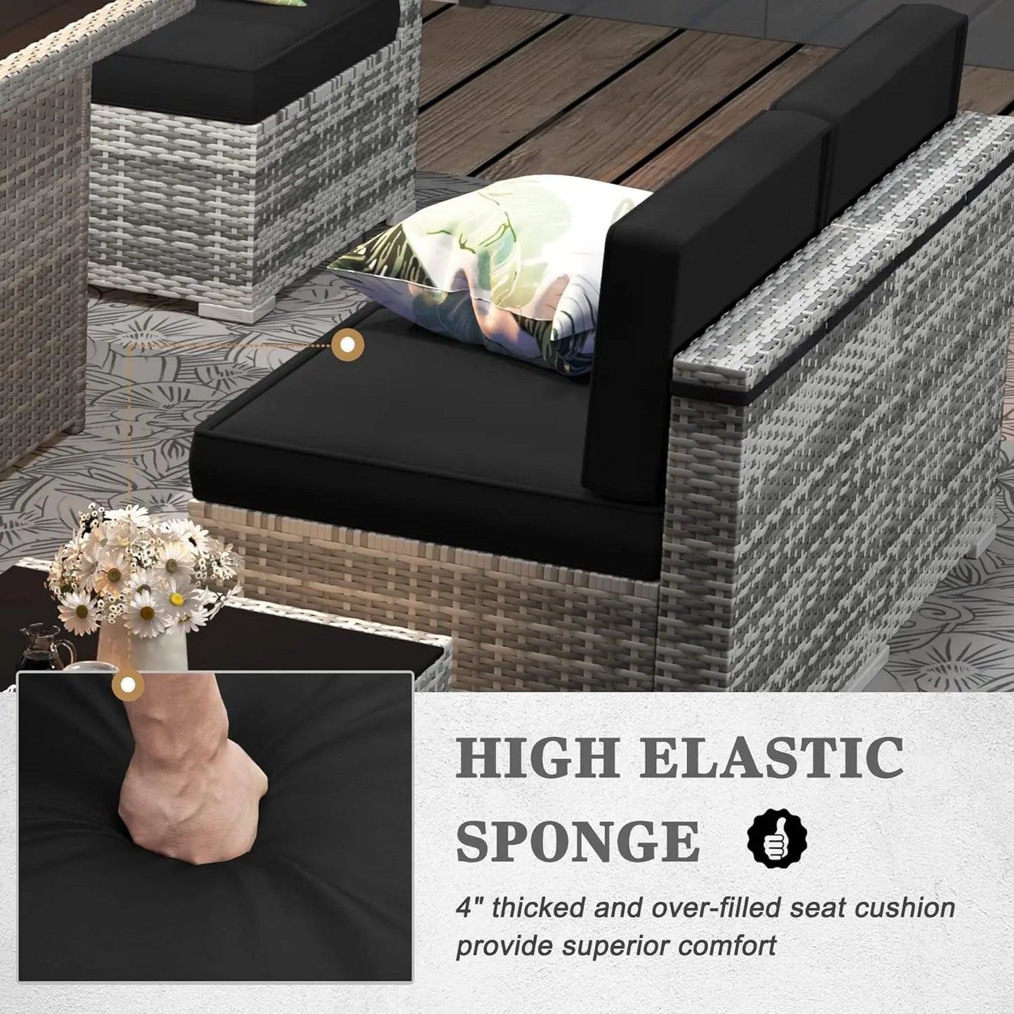 8 Pieces Patio Furniture Set with 44"  Fire Pit Table, Outdoor Sectional Wicker Conversation Sofa Sets with Coffee Table