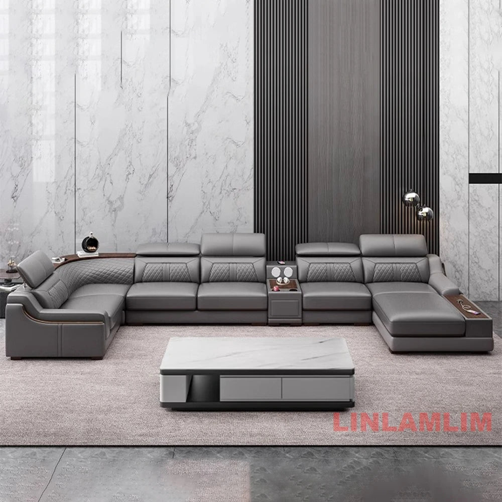 Modern U-Shaped Sectional Sofa Set with Chaise Lounge, Genuine Leather Couch with Storage Table, USB – Big Living Room Furniture