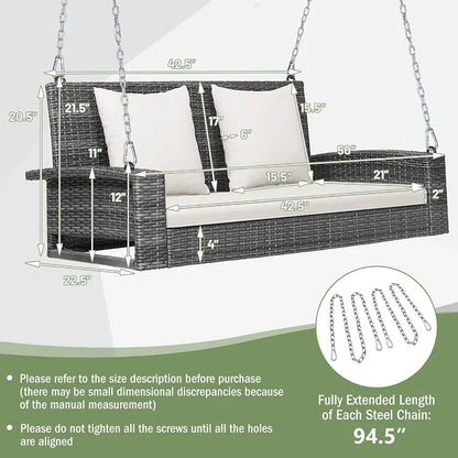 2Person Outdoor Porch Swing Bench with Heavy Duty Frame for Patio Balcony Garden Rustproof Chains and Comfortable Cushions for