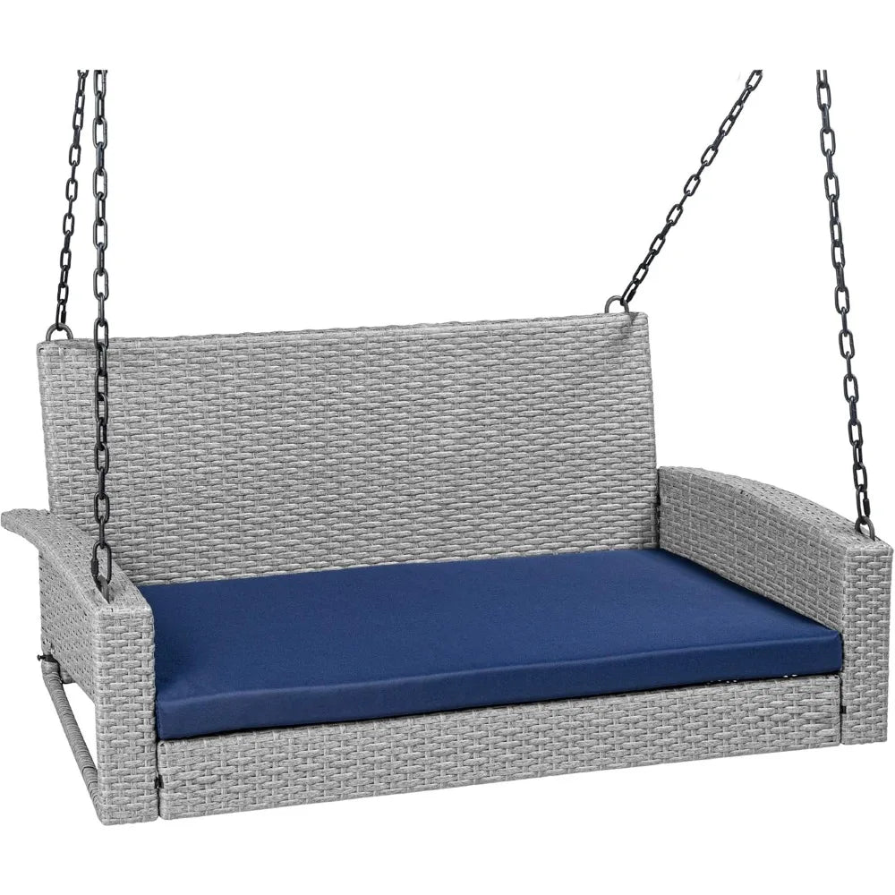 Woven Wicker Outdoor Porch Swing, Hanging Patio Bench for Deck, Garden with Mounting Chains, Seat Cushion - Gr