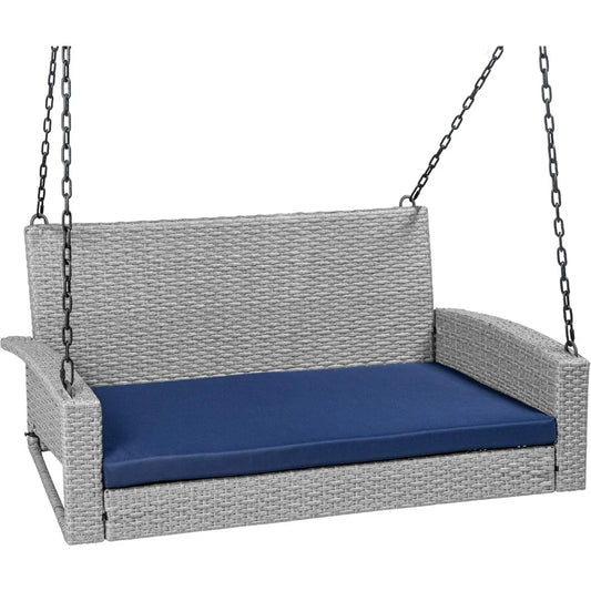Woven Wicker Outdoor Porch Swing, Hanging Patio Bench for Deck, Garden with Mounting Chains, Seat Cushion - Gr