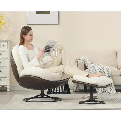 Modern Faux Fur Accent Chair with Ottoman, Lounge Armchair with Footrest and Sturdy Base for Living Room