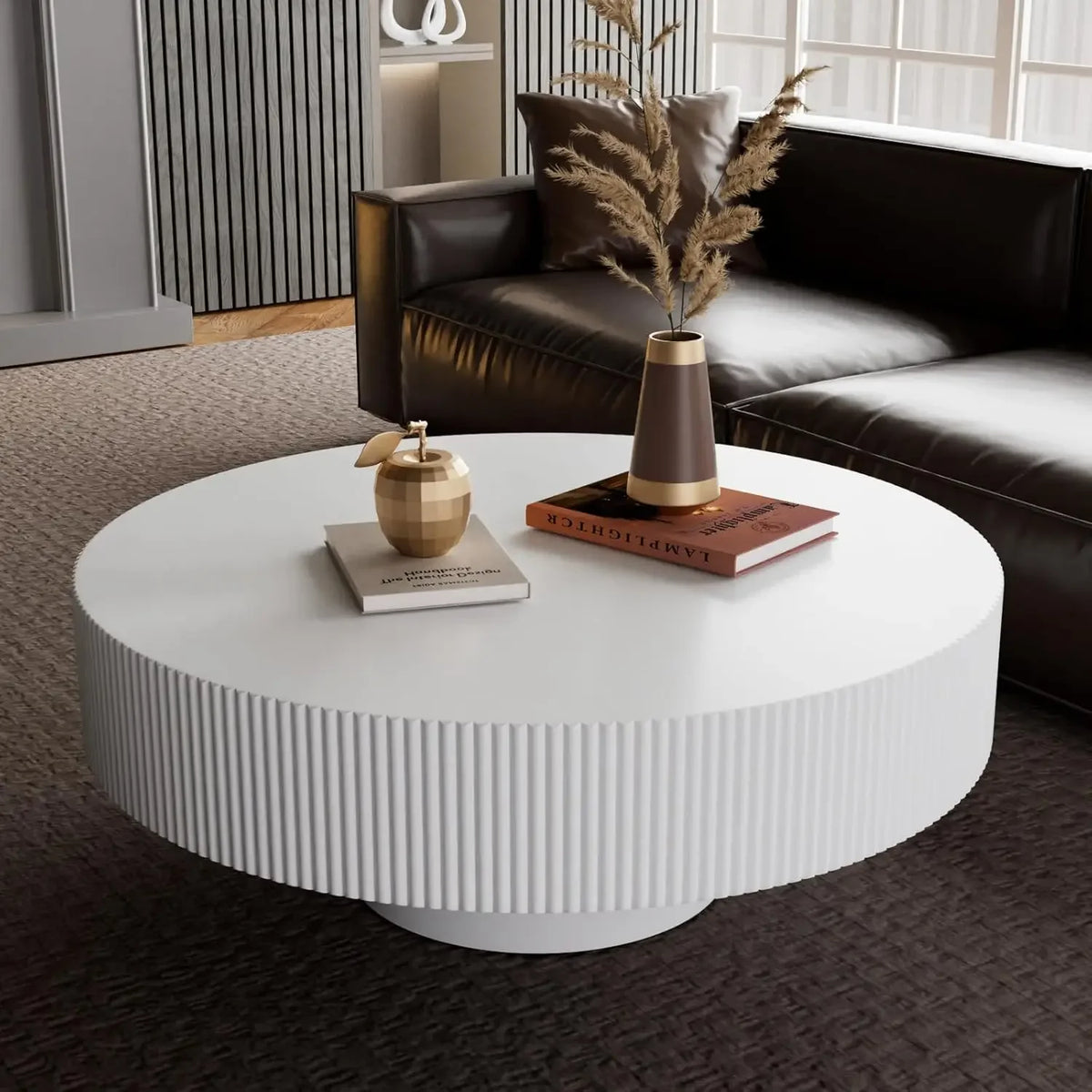 31.5 Inch round Fluted Coffee Table Farmhouse Luxury 3-Leg Base Natural Wood Veneer for Small Spaces