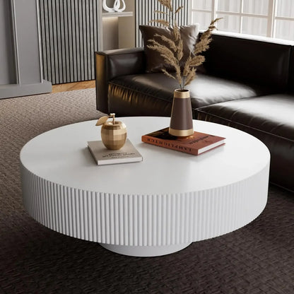 31.5 Inch round Fluted Coffee Table Farmhouse Luxury 3-Leg Base Natural Wood Veneer for Small Spaces