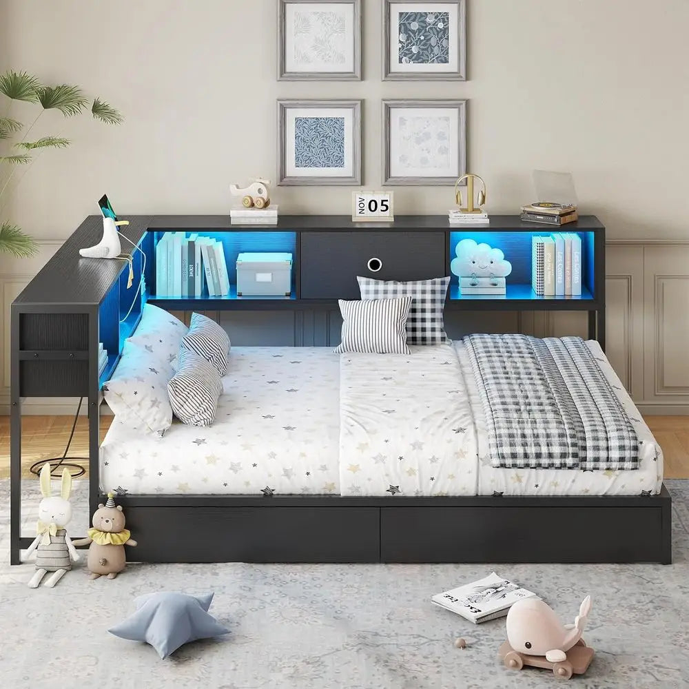 Full Size Metal Daybed Frame with Bookcase Storage, LED Lights, Drawers & Charging Station, No Box Spring Needed, Black
