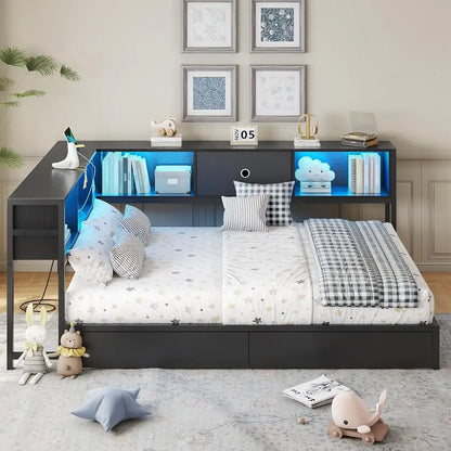 Full Size Metal Daybed Frame with Bookcase Storage, LED Lights, Drawers & Charging Station, No Box Spring Needed, Black