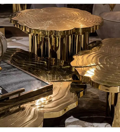 Italian light luxury round coffee table high-end villa living room stainless steel heterosexual etching