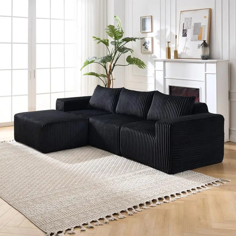 Modern Minimalist L-Shape Modular Fabric Sectional Sofa with Deep Seats, Right-Facing Chaise for Living Room - Black Cloud