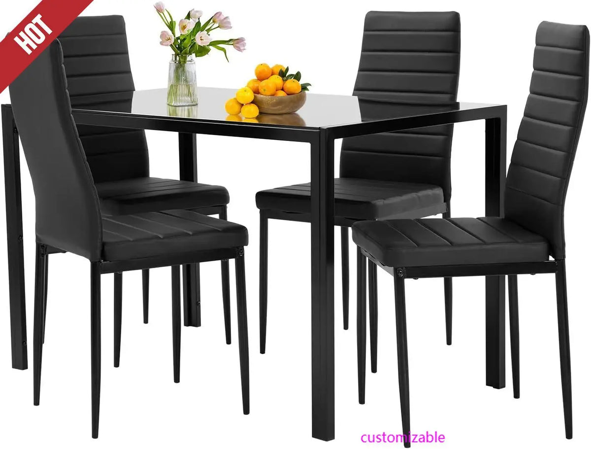 5-Piece Dining Table Set, Space-Saving Design , Faux Leather Cushions ,Modern Rectangular Table, Black, for Dining Room